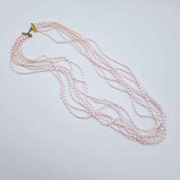 Vintage Pink Necklace Plastic Rice Bead Multi Strand Light Weight Estate Jewelry - Picture 8 of 10